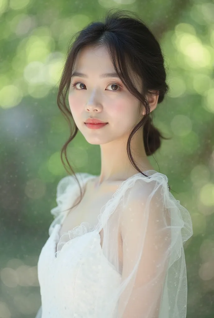 8k,high image quality, high quality、 Realistic Photo Images , 成人woman,white dress with a sense of transparency, Small chest, woman,  recreates natural and realistic eyes、 Japanese people standing , beautiful黒髪, beautiful照明, Golden ratio composition、green s...