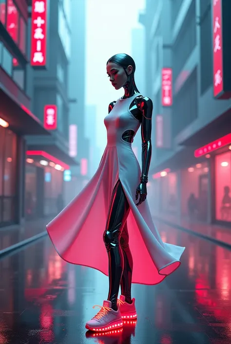 Surreal infrared tones, intense dramatic lighting.  age 20, body complete, futuristic android with white dress and neon sneakers, refined features. Cyberpunk 2077 city background, high contrast, infrared spectrum, otherworldly appearance.
