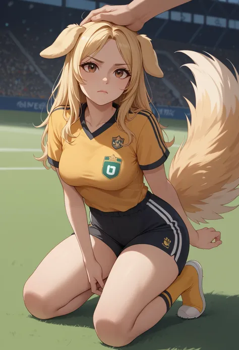 (Masterpiece) (High Detail) (High Res) A short curvy slim Humanoid canine female with pale human skin and brown eyes and long blonde straight hair and fluffy blonde floppy doggy canine ears and a long fluffy blonde doggy canine tail and medium breasts. She...