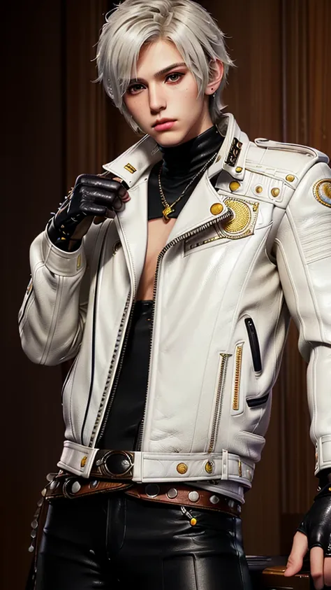 ((Final fantasy taste and reality graphics)), ((Japanese young cute and cool ikemen  boy)), his age is early 20s, thin eyebrows and beady eyes,, (((((boy wearing cream-white color thick leather and single-brest double zipper jacket))))), ,(((((jacket is vo...