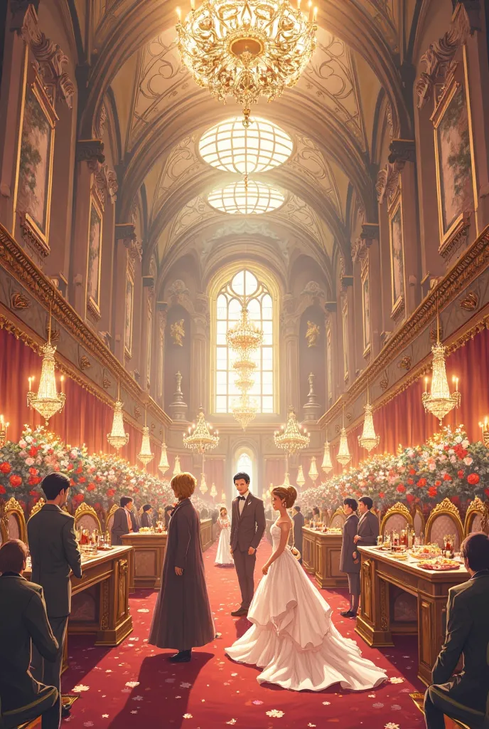  Anime Scenery, a royal hall decorated for marriage, huge hall in a palace.  the main hall . Salon anime version. 