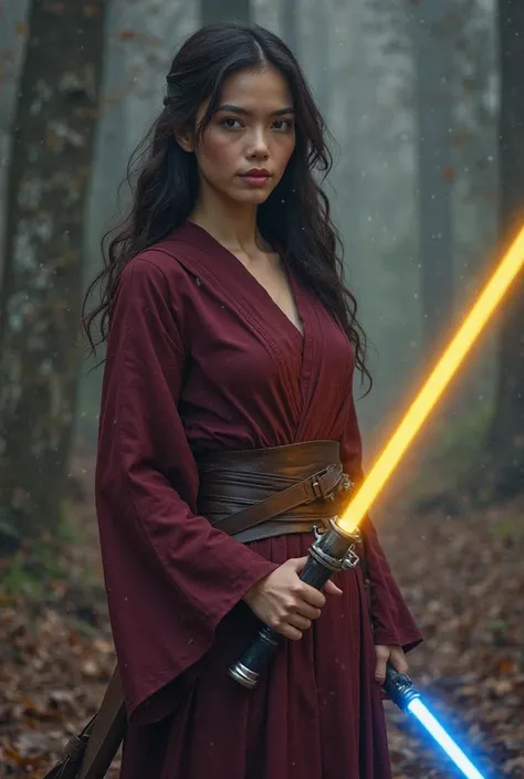 Image of a Jedi girl with a beautiful figure and breasts, not Asian, with beautiful dark hair up to the shoulders, in burgundy clothes, with a dark fabric belt, yellow lightsaber in his right hand, blue lightsaber in his left hand. On a gloomy wooded backg...