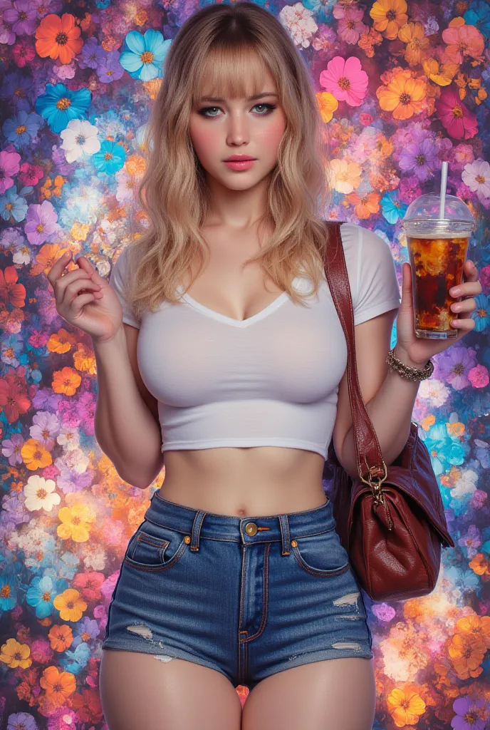 lively girl with a ice coffee and a handbag, she wears a white v-neck t-shirt and mini jeans shorts, mysterious girl, frontline girls, fine details. frontline girls, big breasts, large breasts, fit body, hourglass figure, wide hips, beautiful female, thick...