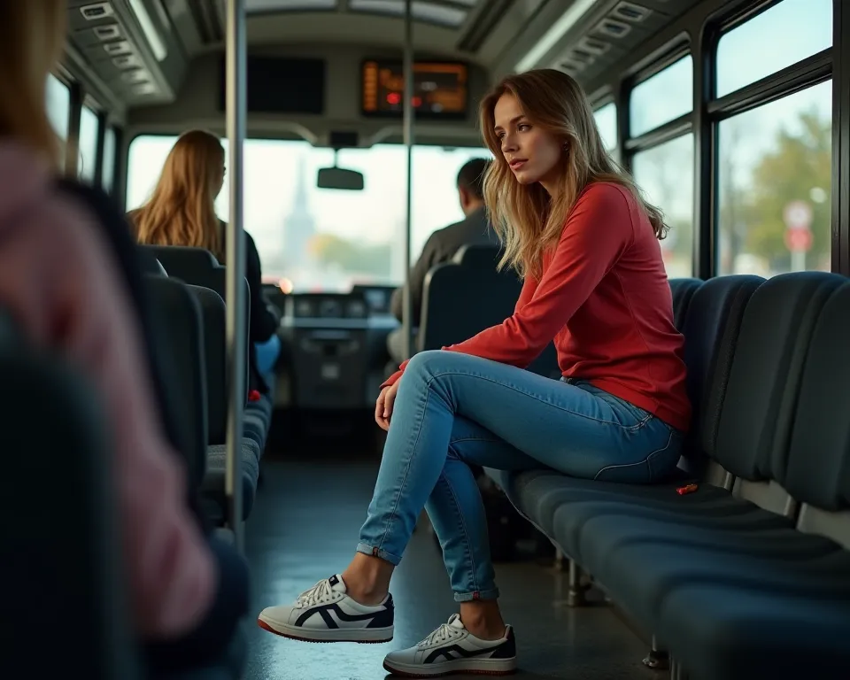 Create a REALISTIC HD 8K PHOTO image, Where can you see a woman wearing blue denim pants, a red shirt and sneakers riding a bus, In the background you can see the bus driver watching the woman, And from the side you can see some people sitting in the seats...