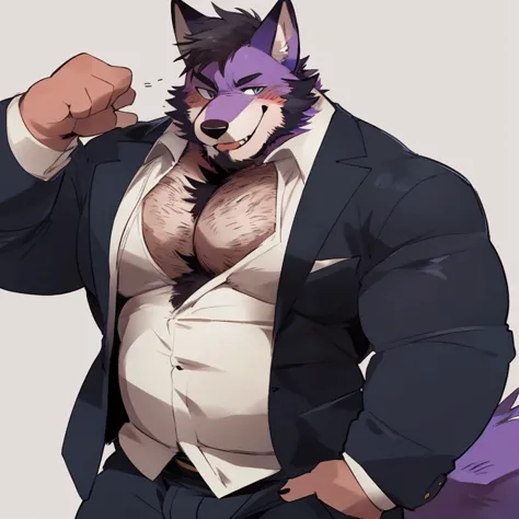 fox, furry, purple fur, handsome, very muscular, very big, extremely hot and sexy, beard, hair, chest hair, charming eyes, solo, male, happy expression, daddy, full body, big body, clothes, middle aged, by hyaku, by darkgem, by glitter trap boy