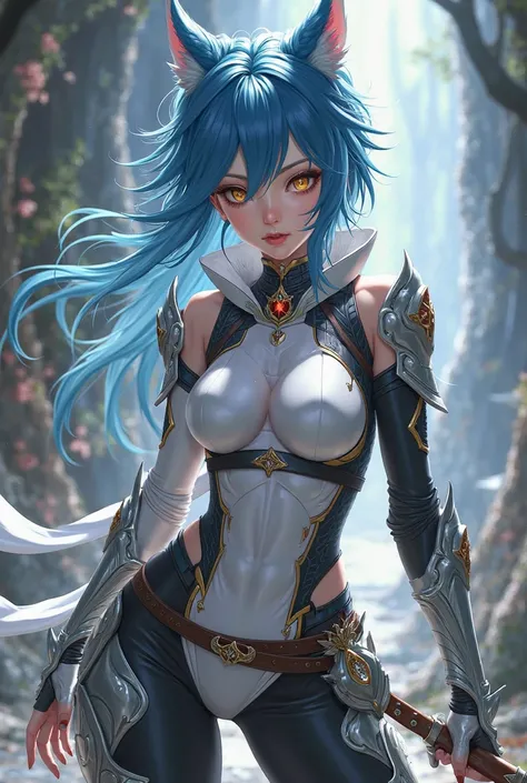 (maximum quality, better quality,  official art , beautiful and aesthetic:1.2) Anime nymph, spiky blue hair,  golden eyes, Are your combat training clothes and pants white and black,  Silver Armor.