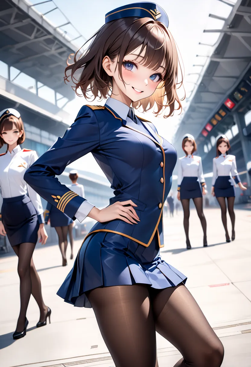 sexy, ((smile)), (Cowboy Shot), Japanese, ((Stewardess uniform, (Tight skirt), pantyhose)), Shiny Costumes, (skindentation), break, skinny, alone, solo, Masterpiece, highest quality, highest quality, 16K, incredibly absurd, highly detailed, 2.5D, ai-genera...