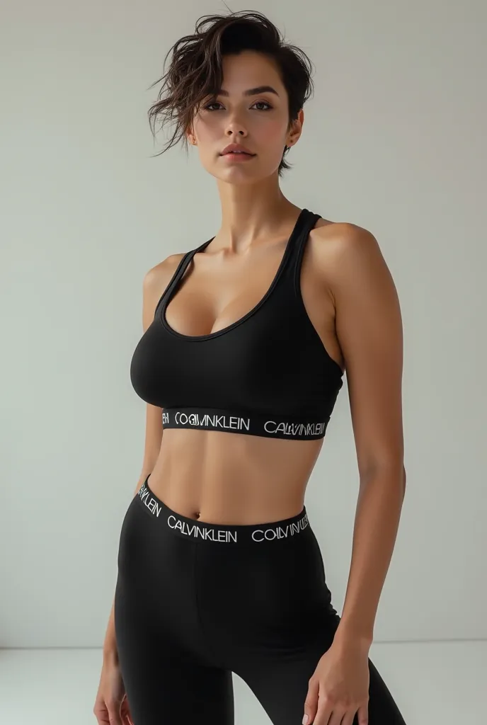 black cropped tee , leggings,Woman with short hair and abs wearing Kelvin Klein underwear, White crop top, leggings,Woman with tied hair wearing Kelvin Klein underwear