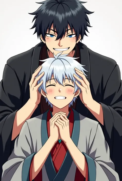 Two anime characters, the first one has white hair and wears old Japanese men's clothes, raising his hands in the middle and smiling while his eyes are closed. The second is completely opposite him. His hair is black and wears the clothes of an old and bla...