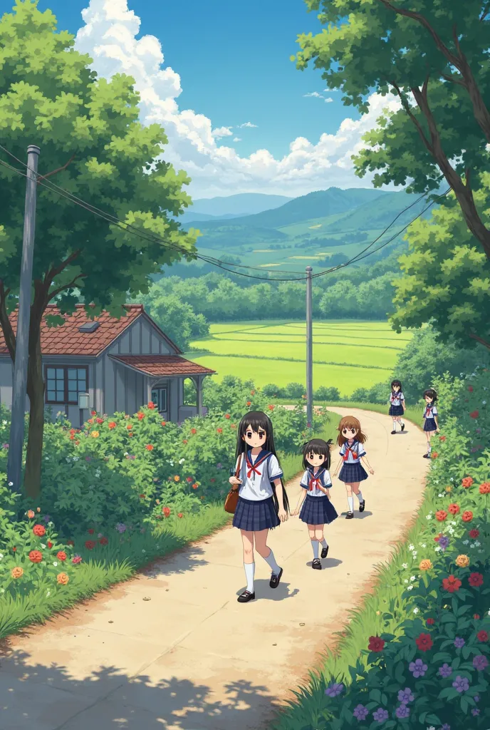 a girl in a school uniform , happy faces walking to school on a village road. Surrounded by green trees interspersed with flowers. lacquer painting style image. village road next to a rice field.