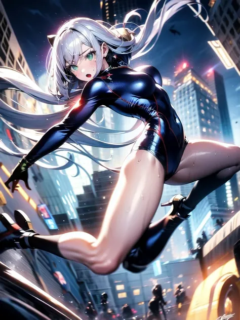 A beautiful girl with silver cat ears, green eyes, silver hair, long hair, black and white battle suit that fits her body perfectly, the background is the night city, the age is 14, dark night, sweat, steam from exhalation, dynamic angles, dynamic action p...