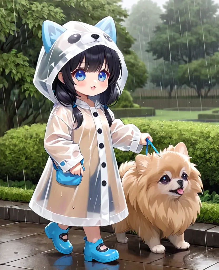  top quality, cute, girl, twin tails , blue eyes, loli,Big Breasts,cute small Pomeranian wearing raincoat,dogs raincoat,garden,Play outside,white Gothic hood raincoat,She's wearing  rainshoes,walking pomeranian,rainy day,