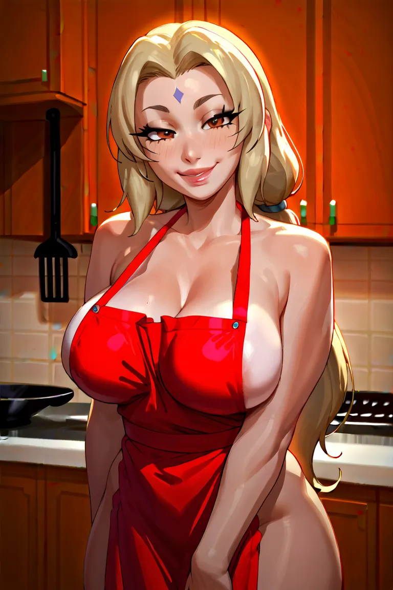 1 pretty girl，aprons，But nothing，white skinned，looking at viewert，Brown eyes，playful ，at the kitchen，ssmile，low chest，huge tits , Tsunade 