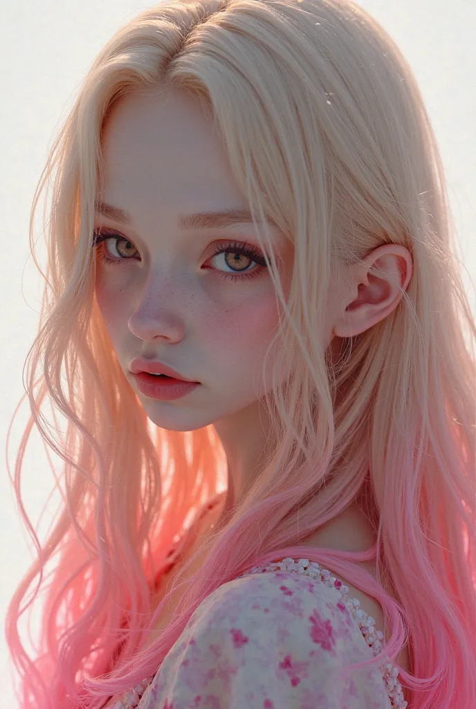  Japanese girl, Long blonde hair half pink, white background, dark eyes. Ultra-realism 