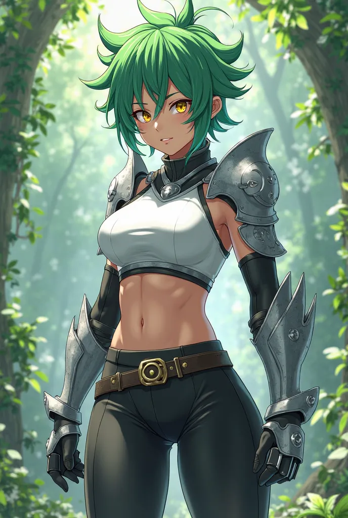 (maximum quality, better quality,  official art , beautiful and aesthetic:1.2) Anime nymph, green spiky hair,  golden eyes, Are your combat training clothes and pants white and black,  Silver Armor.