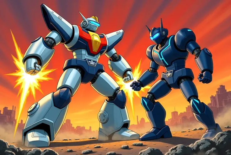 image featuring Providus and Quantum Hero as Mechs, both utilizing their arm rockets and punch jets, animated in the classic cel animation style reminiscent of old-school Super Sentai mecha battles:

The scene is set against a backdrop of a fiery, apocalyp...