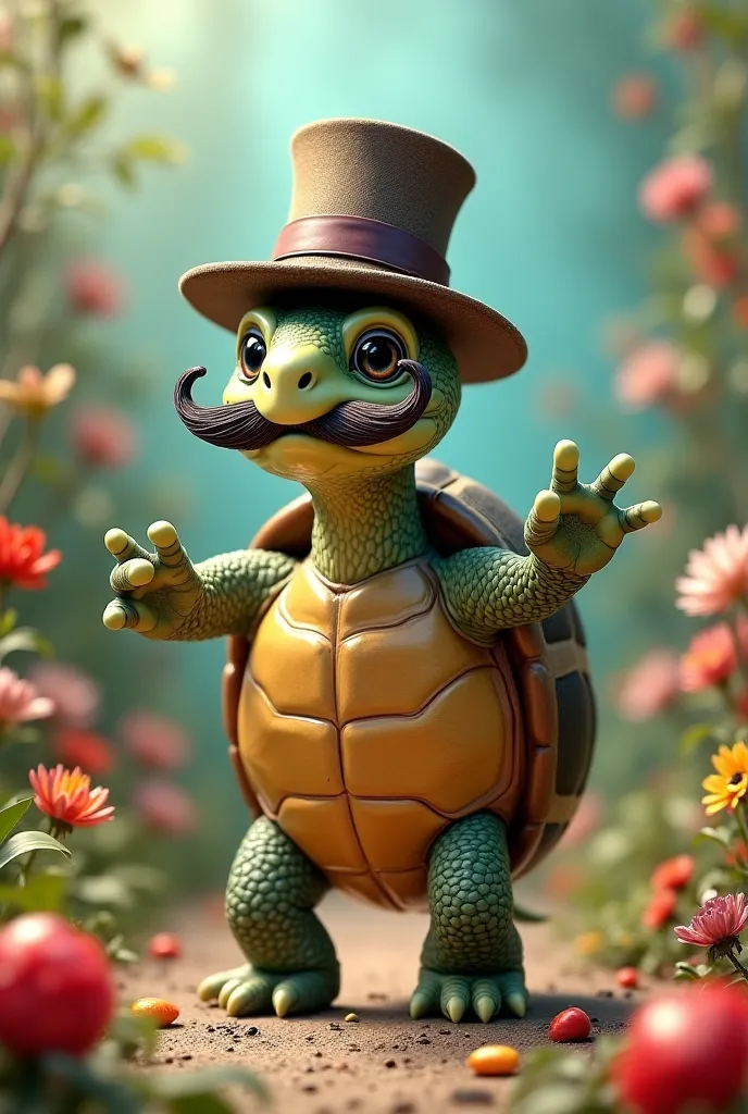 A turtle with a hat and mustache dancing 