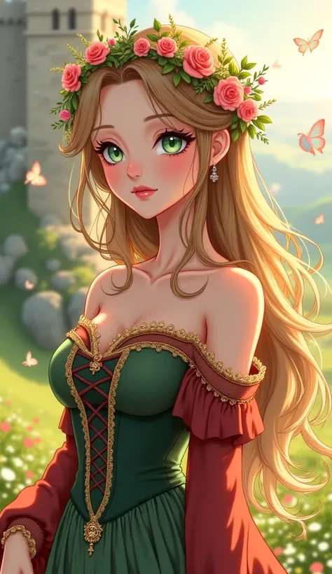 A mesmerizing anime-style princess with long, flowing golden-brown hair, delicately brushing it with an elegant wooden comb. She wears a medieval fantasy-inspired gown in shades of emerald green and deep crimson, with intricate lace trim along the neckline...