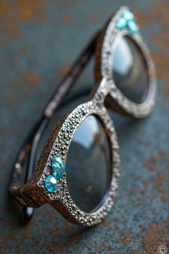 Chunky silver eyeglasses inlaid with beautiful stones in each corner of the top 