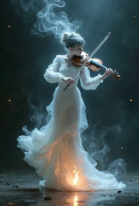 creates Imagine an unlit match with a female figure formed entirely of smoke emerging from it. The figure is ethereal and elegant,  with well-defined features , hair tied up and a harmonious posture. He is playing a violin with delicacy, holding the bow in...