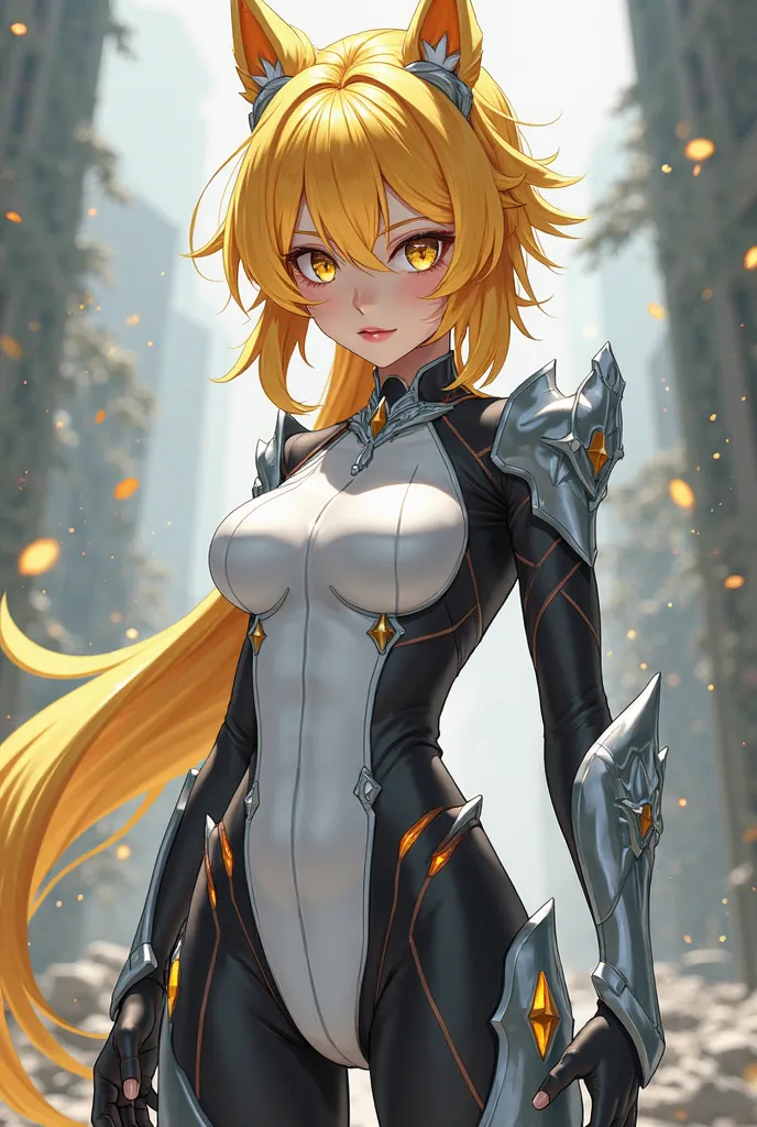 (maximum quality, better quality,  official art , beautiful and aesthetic:1.2) Anime nymph,  spiky yellow hair ,  golden eyes, Are your combat training clothes and pants white and black,  Silver Armor.