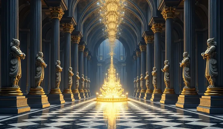 inside the temple in a fantasy world。baroque columns,、The surface of the pillar is decorated with gold。Between the columns,、stone statues depicting ancient warriors are arranged、standing like a guard protecting a temple。the ceiling is decorated to imitate ...