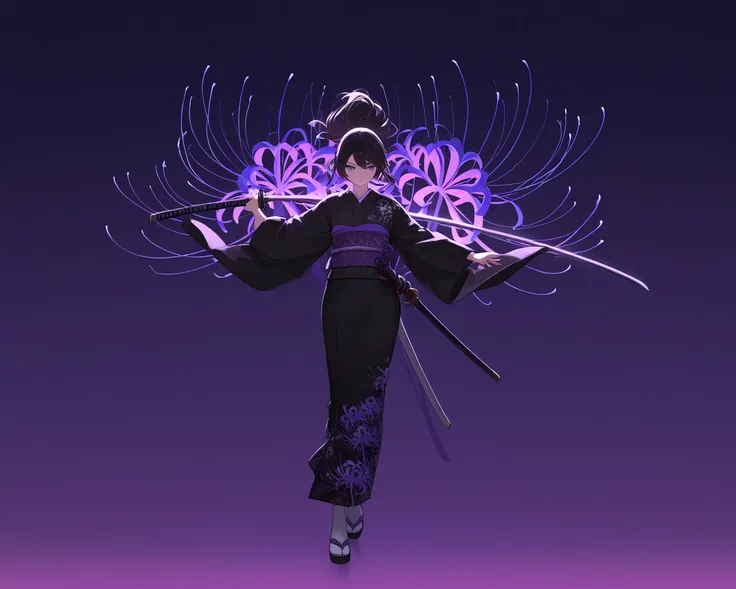 masterpiece, best quality, (masterpiece, best quality,  (detailed eyes), (detailed face),Katana, simple background, gradient background, Purple Background、close-up, frizzy stomach、( detailed lighting), Rim Lighting, sharp concentration,black kimono with fl...