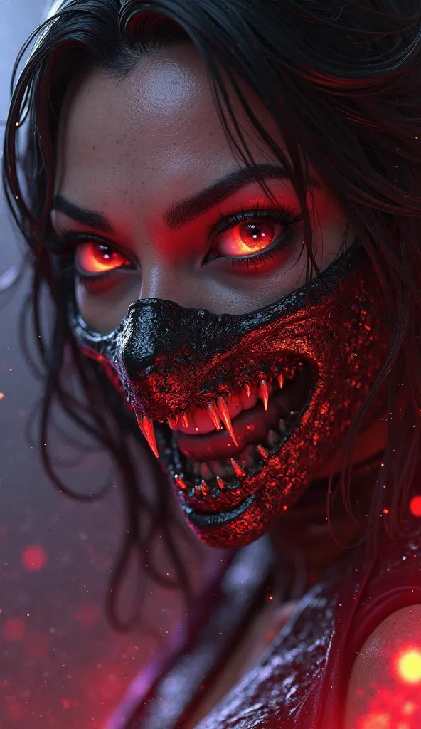 Create a hyper-realistic 3D-rendered wallpaper of Mileena from Mortal Kombat 1, captured in an extreme close-up that highlights her dual nature—deadly beauty and monstrous rage. Her glowing, predatory eyes should be the focal point, filled with intensity a...