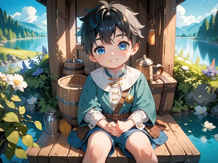 a boy, shota, small, cute, anime style, short black hair, blue eyes, cute body, medieval shirt, small shorts. uncensored. Sitting on the river bank, Front view.