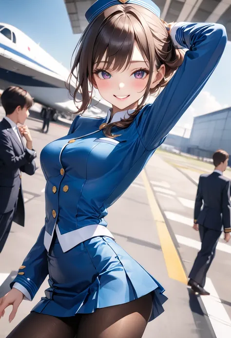 sexy, ((smile)), (Cowboy Shot), Japanese, ((Stewardess uniform, (Tight skirt), pantyhose)), Shiny Costumes, (skindentation), break, skinny, alone, solo, Masterpiece, highest quality, highest quality, 16K, incredibly absurd, highly detailed, 2.5D, ai-genera...