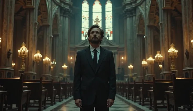 An elegantly dressed man inside a luxurious church, but with an empty and sad look, symbolizing religiosity without communion.   Cinematic image,4K, high definition.