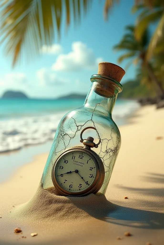 Surreal composition of a watch inside an old broken glass bottle lying half way down on the sand of a tropical beach and containing the phrase time in a bottle