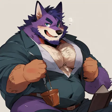 fox, furry, purple fur, handsome, very muscular, very big, extremely hot and sexy, beard, hair, chest hair, charming eyes, solo, male, happy expression, daddy, full body, big body, clothes, middle aged, by hyaku, by darkgem, by glitter trap boy