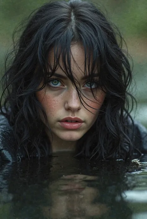 /imagine photorealistic of a bad boy man black hair penetrating black eyes ,beautiful , photogenic photogenic woman , Beautiful long black hair, sitting inside the lake embraced with the look of desire /glamour /detailed/Cinematic Camera/Focus on the conve...