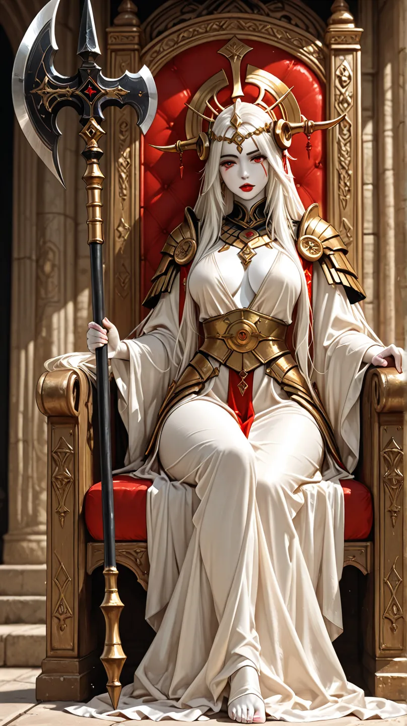 (best quality),  Detailed background before the throne,  Oriental Nobility ,Warrior girl with white skin and red lips in dress style armor,Holding Halberd,Seven knights submit and kneel before her eyes。