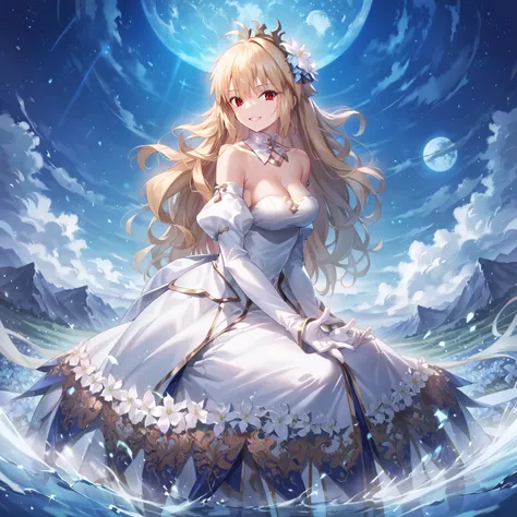 1girl, solo, (arc_1:1.2), long hair, red eyes, (slit pupils:1.1), very long hair, antenna hair, bangs, hair intakes,  dress, detached sleeves, breasts, gloves, blonde hair, bare shoulders, blonde hair, cleavage, detached collar, white gloves, strapless dre...