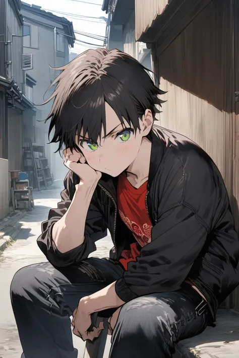  Anime source : A boy, short hair with long tips dark black, green eyes, upfront and quiet, wearing streetwear jeans pants with a red t-shirt and a black jacket, sitting on a ladder with a fist holding his cheek in an old neighborhood in Japan.