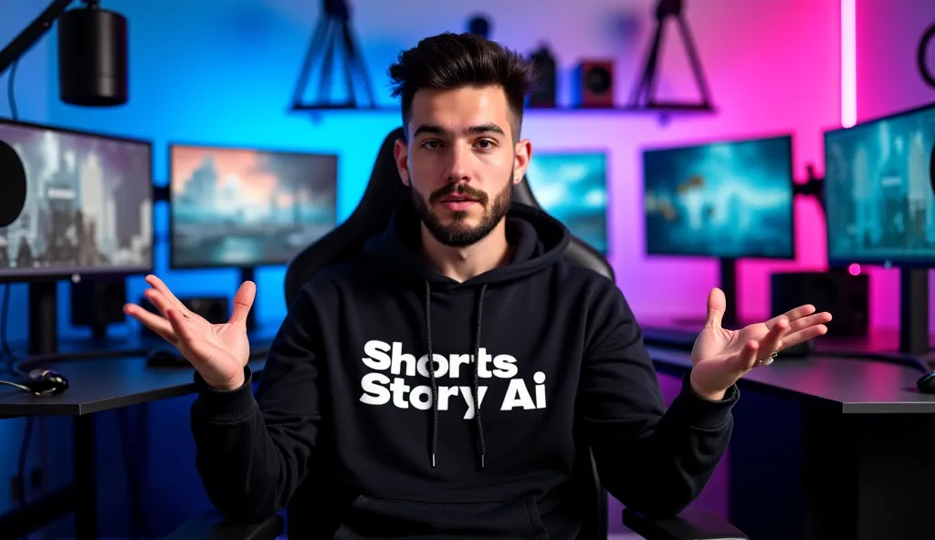 A young man with neatly styled dark hair and a well-groomed beard sits confidently in a gaming chair. He is wearing a black hoodie with the text 'Shorts Story Ai' in bold white letters. His hands are gesturing expressively as he speaks, creating a dynamic ...