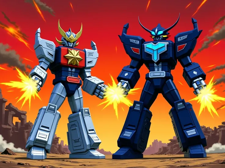 image featuring Providus and Quantum Hero as Mechs, both utilizing their arm rockets and punch jets, animated in the classic cel animation style reminiscent of old-school Super Sentai mecha battles:

The scene is set against a backdrop of a fiery, apocalyp...