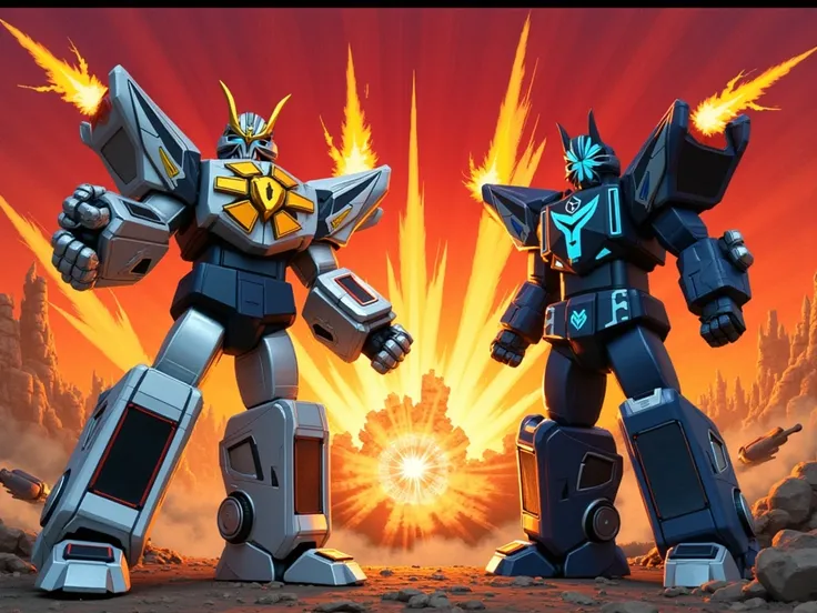 image featuring Providus and Quantum Hero as Mechs, both utilizing their arm rockets and punch jets, animated in the classic cel animation style reminiscent of old-school Super Sentai mecha battles:

The scene is set against a backdrop of a fiery, apocalyp...