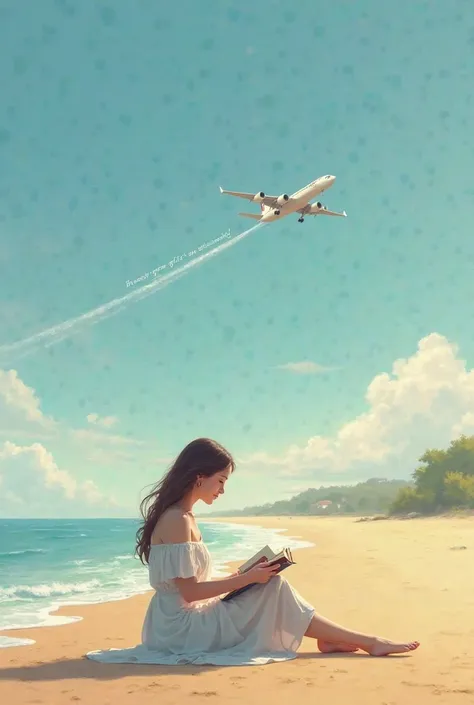 Create an image of a lady reading a book on the beach with a plane flying overhead holding a written sign "You're not alone