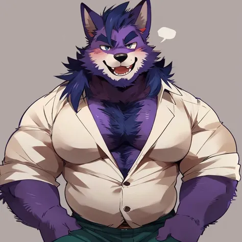 fox, furry, purple fur, handsome, very muscular, very big, extremely hot and sexy, beard, hair, chest hair, charming eyes, solo, male, happy expression, daddy, full body, big body, clothes, middle aged, by hyaku, by darkgem, by glitter trap boy