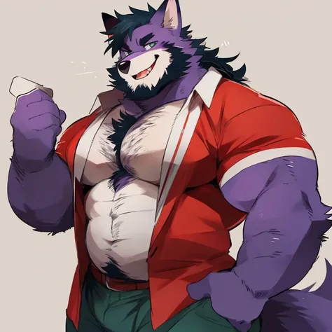 fox, furry, purple fur, handsome, very muscular, very big, extremely hot and sexy, beard, hair, chest hair, charming eyes, solo, male, happy expression, daddy, full body, big body, clothes, middle aged, by hyaku, by darkgem, by glitter trap boy