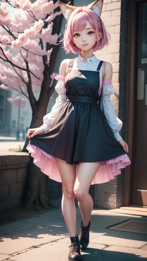 1girl, realistic, (looking at viewer:1), (ulzzang-6500:0.66), thighs, bare legs, dappled sunlight, best quality, ultra high res, (photorealistic:1.4), YaeMiko, fox ears, short hair, pink hair, yae_sakura, jewelry, cherry blossoms, (smile:1), hair_ornament,...