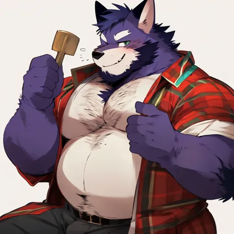 fox, furry, purple fur, handsome, very muscular, very big, extremely hot and sexy, beard, hair, chest hair, charming eyes, solo, male, happy expression, daddy, full body, big body, clothes, middle aged, by hyaku, by darkgem, by glitter trap boy