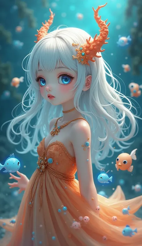 A mystical anime-style girl with pale, ethereal skin and large, expressive blue eyes, resembling an ocean spirit. Her long, flowing platinum hair is adorned with delicate coral-like horns. She wears an ornate orange dress decorated with small, animated fis...