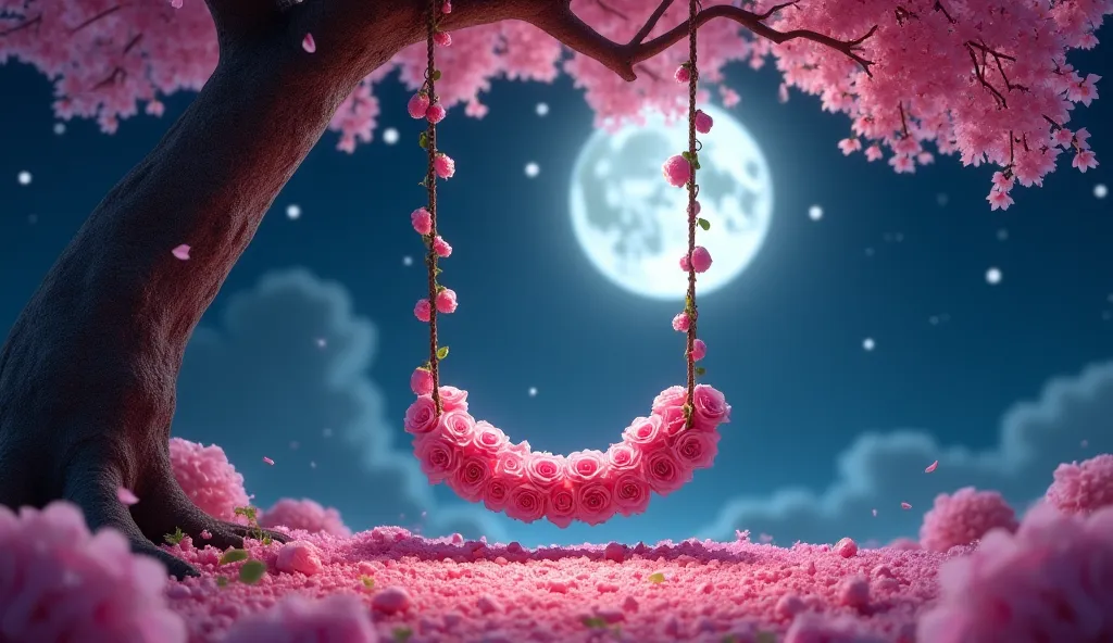 The serene night scene features a swing of pink roses hanging from the tree. The background is filled with vibrant pink flowers,A big, The bright moon in the starry sky. Soft, The glowing light illuminates the round petal bed on the ground below the swing,...