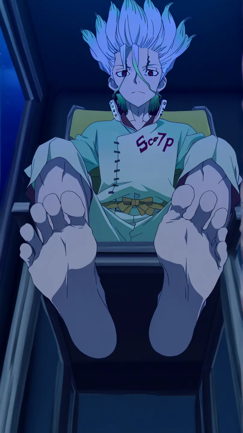 Source_anime, score_9, score_8_up, score_7_up, anime screencap, 8k, absurd res, Senkuu Ishigami, 1boy, solo, official style, barefoot, foot focus, in his room, looking at viewer, sitting on the chair, lifting legs to show his soles, from below, Alone, cowb...