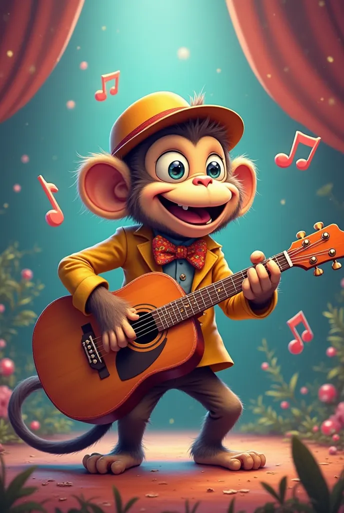 A monkey playing a guitar and talking