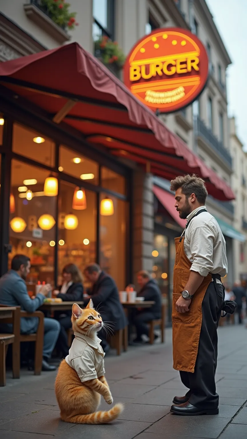 shot from across the street a of a high class super luxury fast food restaurant with a huge burger logo at the front people seating on tables inside and outside eating food in a mid day lit street where a sad orange kitten (wearing a old dirty white shirt ...